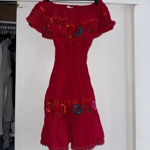 Traditional Hispanic Style Red Off-Shoulder Dress with Floral Print